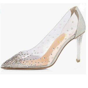 FSJ Silver Clear Heel Pointed Toe Rhinestons Pump Transparent Dress Shoes